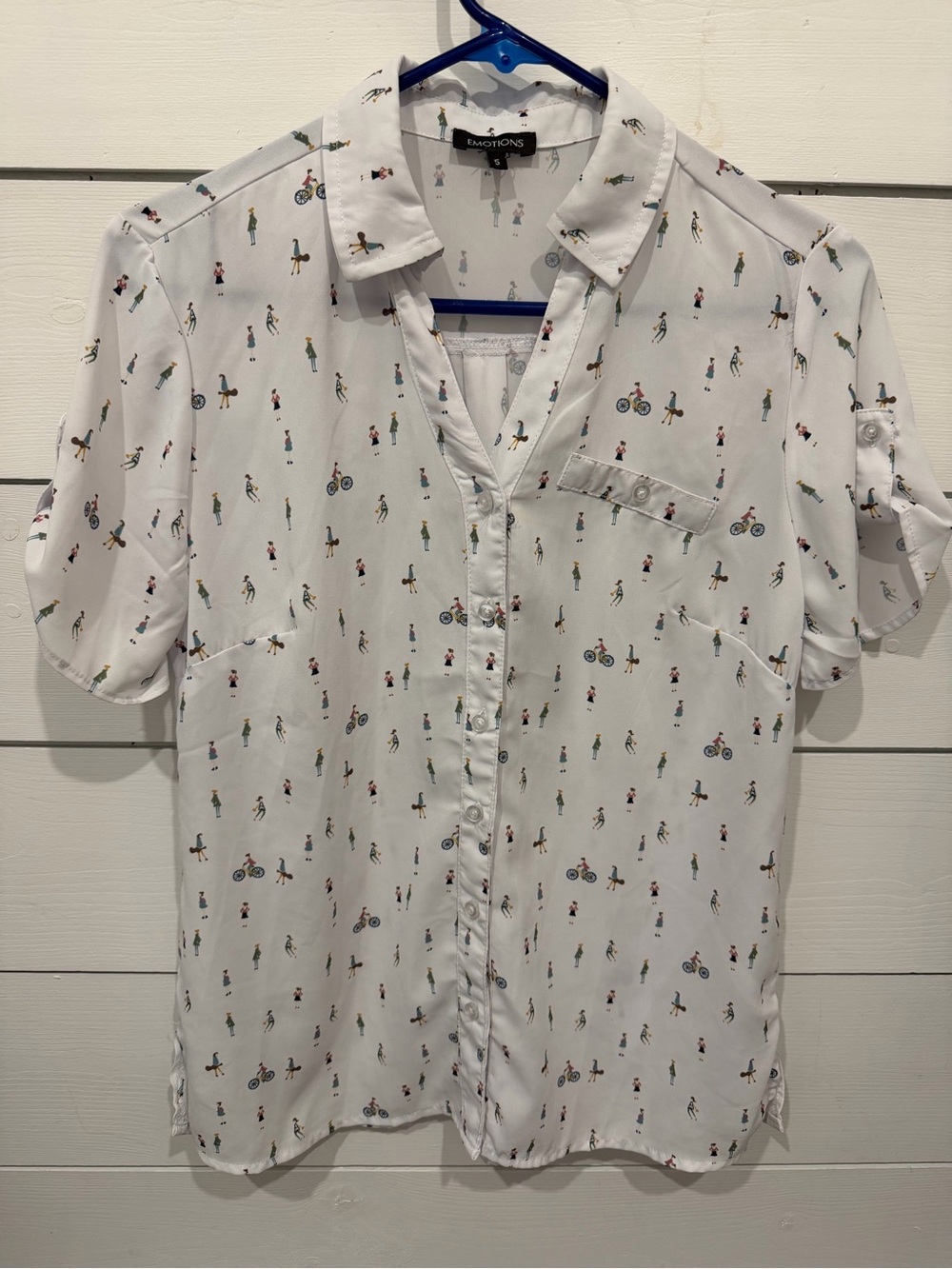 White Short-Sleeve Button Blouse with Mini Figure Print